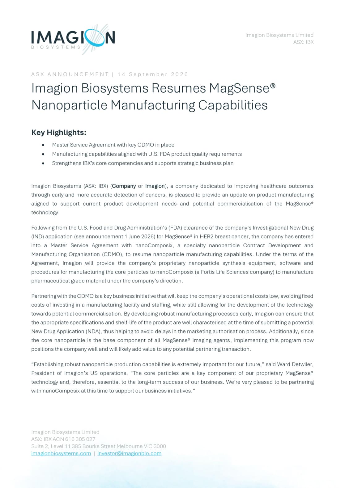MagSense Nanoparticle Manufacturing Update