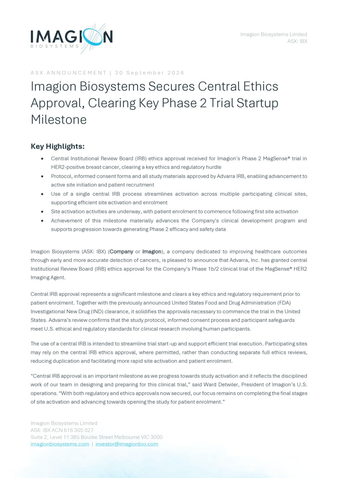 IBX Secures Central Ethics Approval - Key Phase 2 Milestone